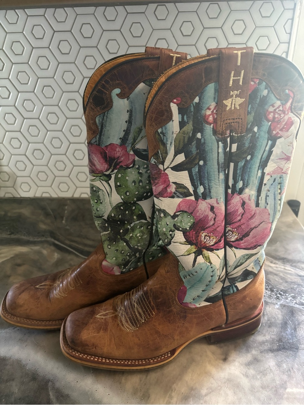Tin Haul Brown Leather Cowboy Boots with Floral & Cactus Print
